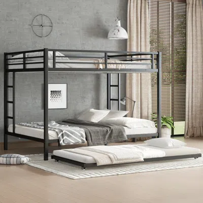 Streamdale Furniture Streamdale Queen Over Queen Metal Bunk Bed With Twin Size Trundle, Black