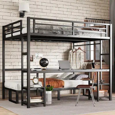 Streamdale Furniture Streamdale Queen Over Twin Xl Bunk Bed With Desk, Led & Usb, Black