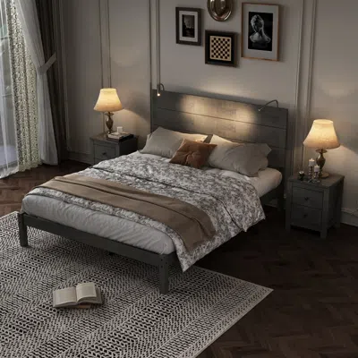 Streamdale Furniture Streamdale Queen Platform Bed Set With Lights & Nightstand, Antique Gray