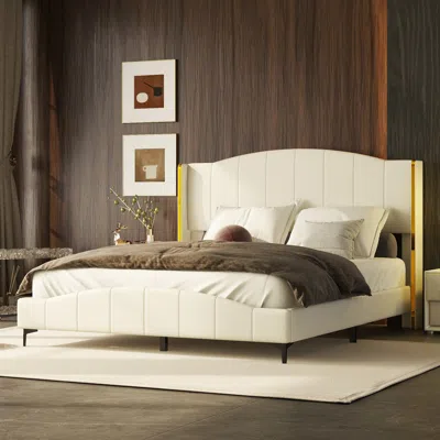Streamdale Furniture Streamdale Queen Pu Leather Platform Bed, Wingback Headboard, Beige