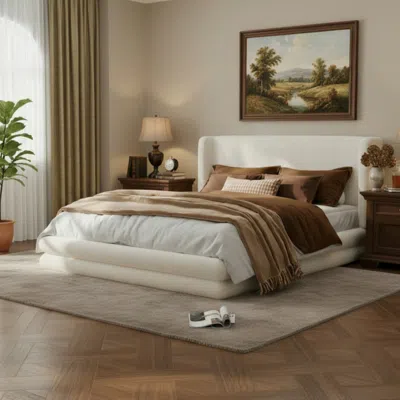Streamdale Furniture Streamdale Queen Size Bed Frame With Boucle Upholstered Thick Wingback Headboard White