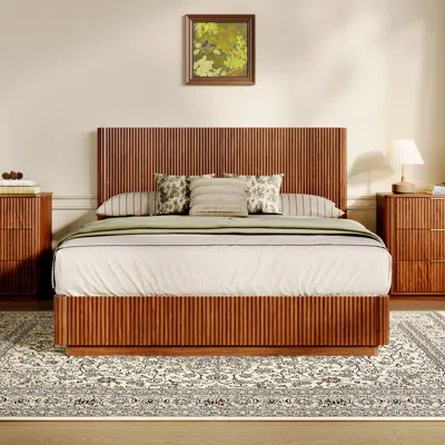 Streamdale Furniture Streamdale Queen Size Bed Frame With Led Lights, Modern Walnut Wood Design In Brown