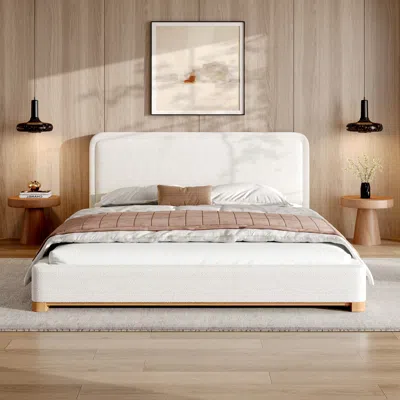 Streamdale Furniture Streamdale Queen Size Boucle Upholstered Bed Frame With Curved Headboard, White