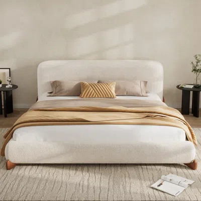 Streamdale Furniture Streamdale Queen Size Boucle Upholstered Platform Bed With Solid Wood Legs, White