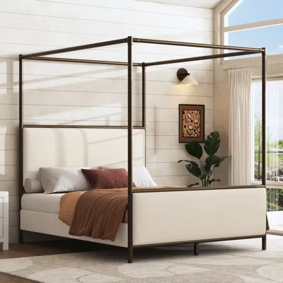 Streamdale Furniture Streamdale Queen Size Canopy Bed Frame With Linen Upholstered Headboard, Iron Legs, Beige