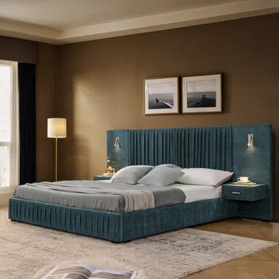 Streamdale Furniture Streamdale Queen Size Chenille Upholstered Bed Frame With Pleated Design - Blue-green