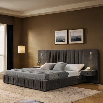 Streamdale Furniture Streamdale Queen Size Chenille Upholstered Bed Frame With Pleated Design - Dark Grey