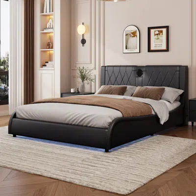 Streamdale Furniture Streamdale Queen Size Faux Leather Bed With Bluetooth, & Headboard