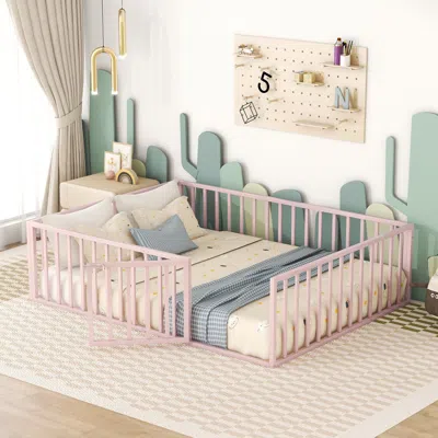 Streamdale Furniture Streamdale Queen Size Metal Floor Bed Frame With Fence And Door