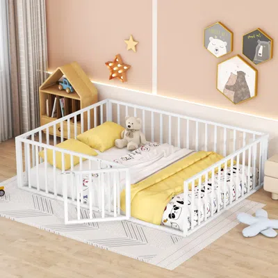 Streamdale Furniture Streamdale Queen Size Metal Floor Bed Frame With Fence And Door