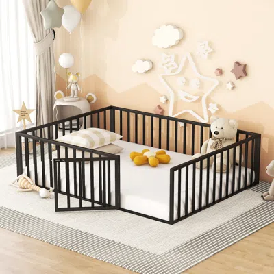 Streamdale Furniture Streamdale Queen Size Metal Floor Bed Frame With Fence And Door