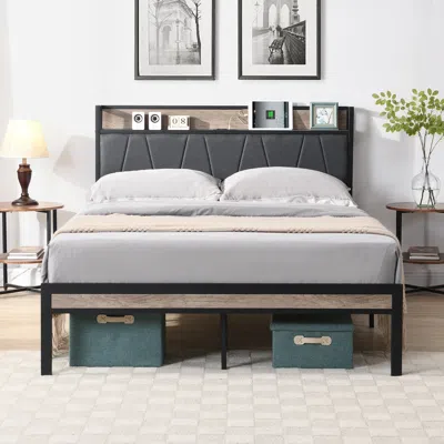 Streamdale Furniture Streamdale Queen Size Metal Platform Bed Frame With Upholstery Storage Function Headboard And Usb Li