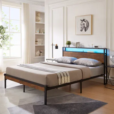 Streamdale Furniture Streamdale Queen Size Metal Platform Bed Frame With Wooden Headboard And Footboard With Usb Liner