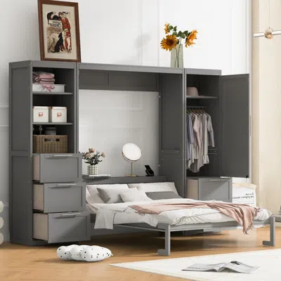 Streamdale Furniture Streamdale Queen Size Murphy Bed Wall Bed With Closet, Drawers And Shelves, Gray