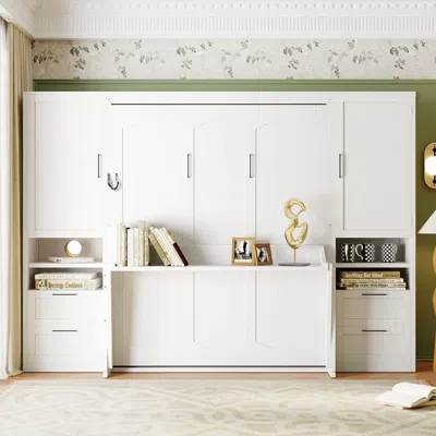 Streamdale Furniture Streamdale Queen Size Murphy Bed Wall Bed With Closet,drawers And Shelves, White