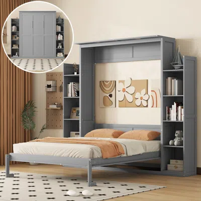 Streamdale Furniture Streamdale Queen Size Murphy Bed Wall Bed With Shelves And Led Lights