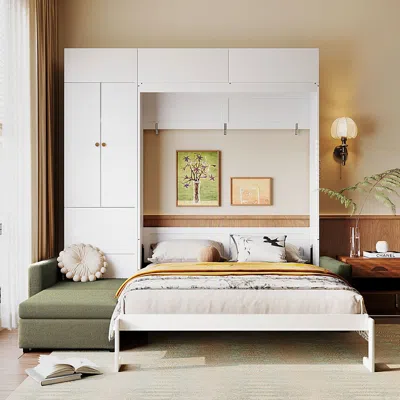 Streamdale Furniture Streamdale Queen Size Murphy Bed Wall Bed With Sofa And Shelves,green Panel, Beige Sofa In White