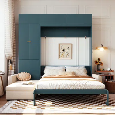 Streamdale Furniture Streamdale Queen Size Murphy Bed Wall Bed With Sofa And Shelves,green Panel, Beige Sofa In Blue