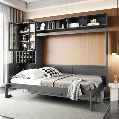Streamdale Furniture Streamdale Queen Size Murphy Bed Wall Bed With Sofa, Shelves Usb & Light