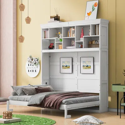 Streamdale Furniture Streamdale Queen Size Murphy Bed Wall Bed With Top Shelves & Usb, White