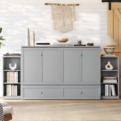 Streamdale Furniture Streamdale Queen Size Murphy Bed With Storage Drawers And Shelves. Light Gray.