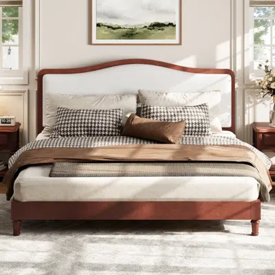 Streamdale Furniture Streamdale Queen Size Platform Bed With Upholstered Headboard Espresso Frame+white Fabric
