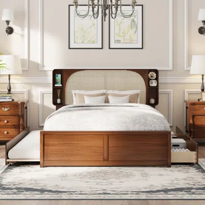 Streamdale Furniture Streamdale Queen Size Rattan Headboard Bed With Two Drawers And Trundle