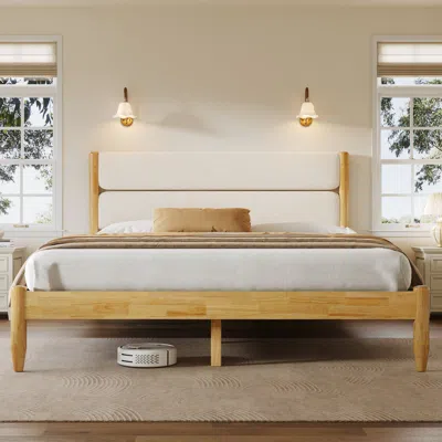 Streamdale Furniture Streamdale Queen Size Solid Wood Bed Frame With Fleece Upholstered Headboard, Ivory In Brown