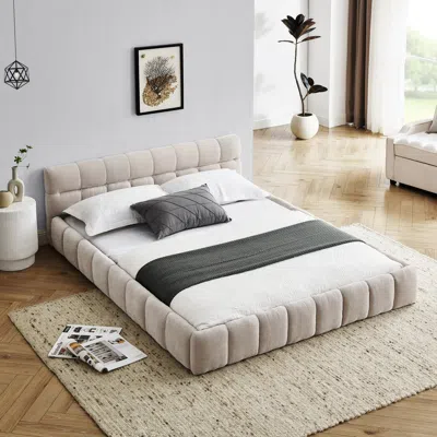 Streamdale Furniture Streamdale Queen Size Upholstered Bed Frame With Thick Fabric In Neutral