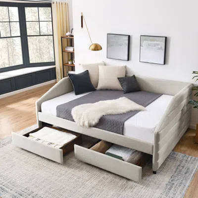 Streamdale Furniture Streamdale Queen Size Upholstered Daybed With Trundle, Linen Beige