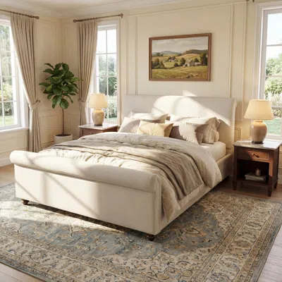 Streamdale Furniture Streamdale Queen Size Upholstered Linen Bed Frame With Thick Headboard Beige