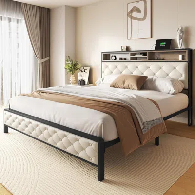 Streamdale Furniture Streamdale Queen Size Upholstered Platform Bed Frame With Charging Station - Beige