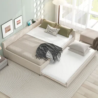 Streamdale Furniture Streamdale Queen Size Upholstered Platform Bed With Usb And Twin Size Trundle