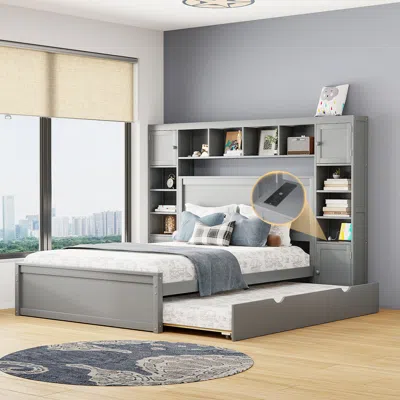 Streamdale Furniture Streamdale Queen Size Wooden Bed With All-in-one Cabinet, Shelf And Sockets In Multi