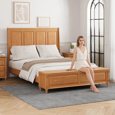 Streamdale Furniture Streamdale Queen Sleigh Bed Frame With Tall Headboard And 64" Storage Bench, Natural