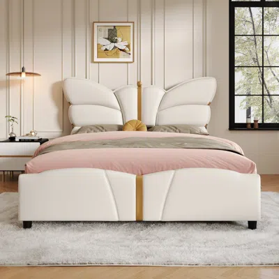 Streamdale Furniture Streamdale Queen Upholstered Bed Frame, Butterfly Headboard, Gold Accents, Black In Neutral