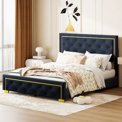Streamdale Furniture Streamdale Queen Upholstered Bed With Pull Point Headboard, Velvet, Black