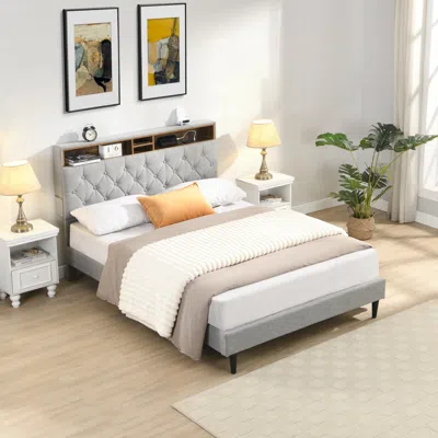 Streamdale Furniture Streamdale Queen Upholstered Platform Bed Frame W/ Usb, Linen Headboard - Light Grey