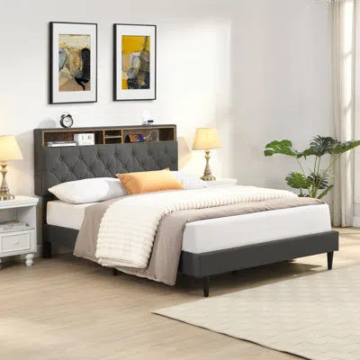 Streamdale Furniture Streamdale Queen Upholstered Platform Bed Frame With Usb Ports - Dark Grey