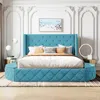 Streamdale Furniture Streamdale Queen Upholstered Platform Bed W/ Wingback, Drawer & Stools (beige) In Blue