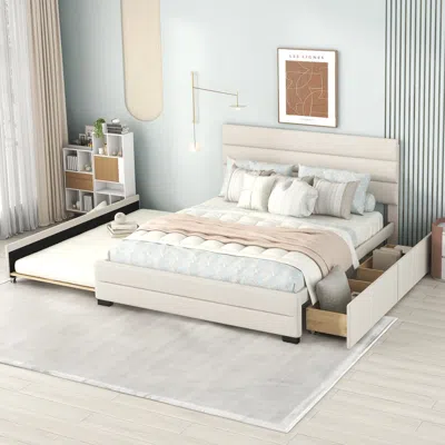 Streamdale Furniture Streamdale Queen Upholstered Platform Bed With Twin Size Trundle And Two Drawers