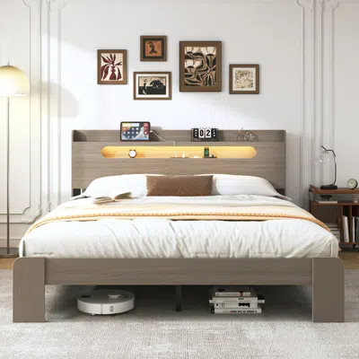 Streamdale Furniture Streamdale Queen Wood Bed Frame: Led Headboard, Usb Ports, Storage