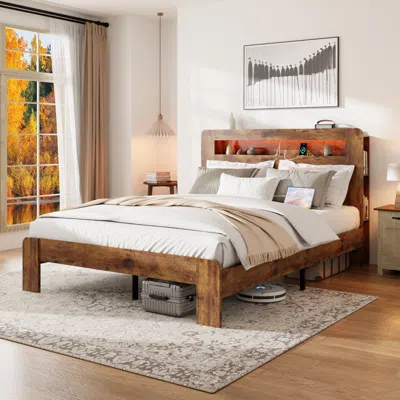 Streamdale Furniture Streamdale Queen Wood Bed Frame Led Headboard Usb Storage