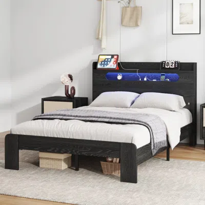 Streamdale Furniture Streamdale Queen Wood Bed Frame: Led Headboard, Usb, Storage, Black