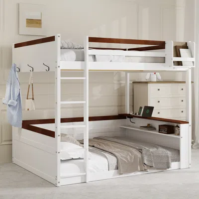 Streamdale Furniture Streamdale Queen Wooden Bunk Bed: Shelves, Storage, Led, Usb - White