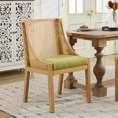 Streamdale Furniture Streamdale Rattan Dining Chair, Wood Frame, Linen Seat, Rustic Style, Olive Green In Brown