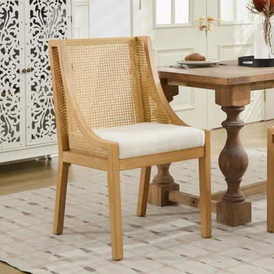 Streamdale Furniture Streamdale Rattan Dining Chairs, Solid Wood Frame, Linen Upholstered Seat, Natural Finish