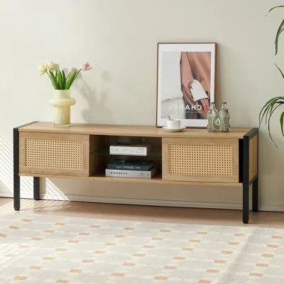 Streamdale Furniture Streamdale Rattan Tv Cabinet With Adjustable Shelf And Colorful Light Strip In Neutral