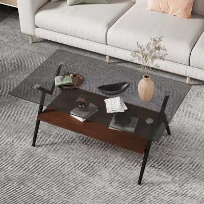 Streamdale Furniture Streamdale Rectangle Coffee Table With Tempered Glass Top And Brown Mdf Shelf