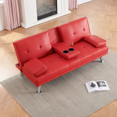 Streamdale Furniture Streamdale Red Leather Double Folding Sofa Bed With Table